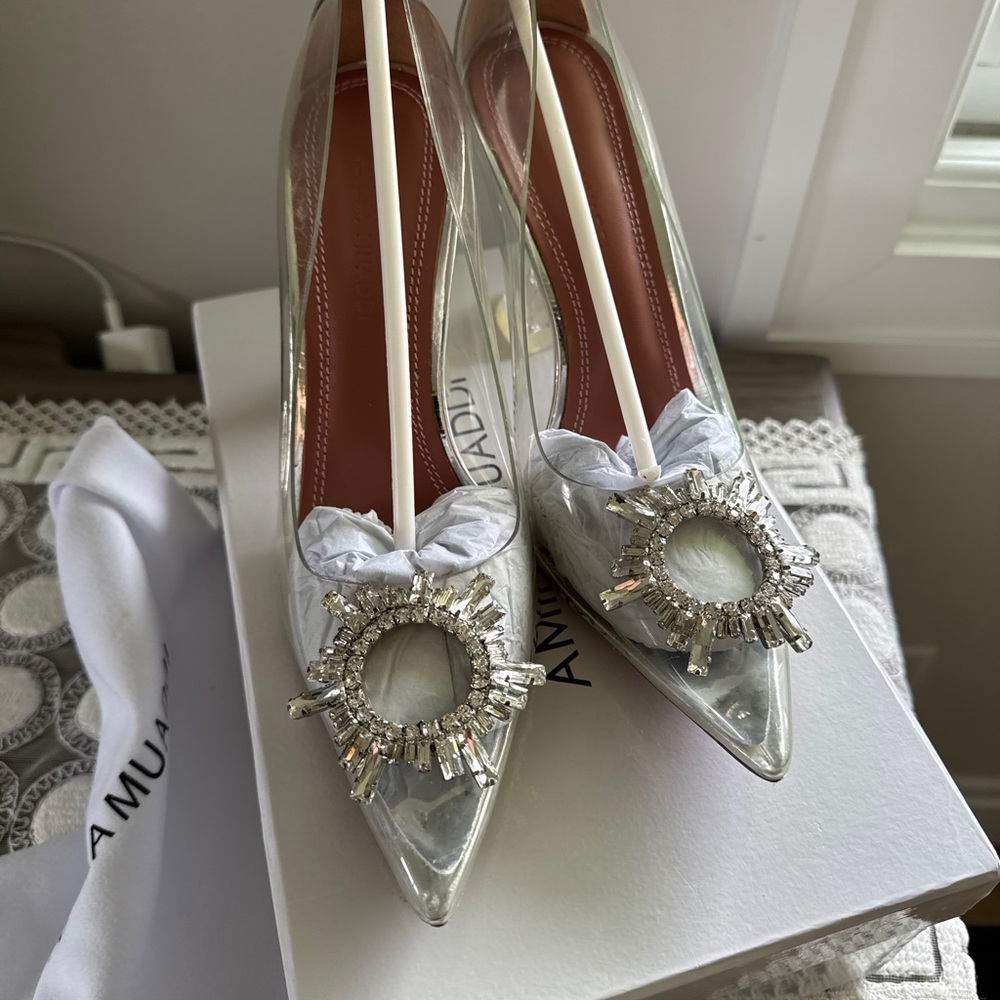 Amina Muaddi Silver Heels with Crystal Embellishments